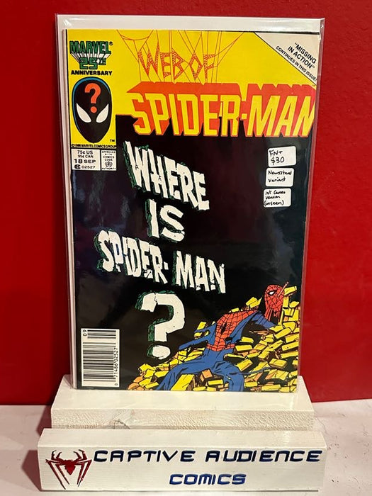 Web of Spider-Man, Vol. 1 #18 - Newsstand Variant - 1st Cameo Venom (Unseen) - FN+