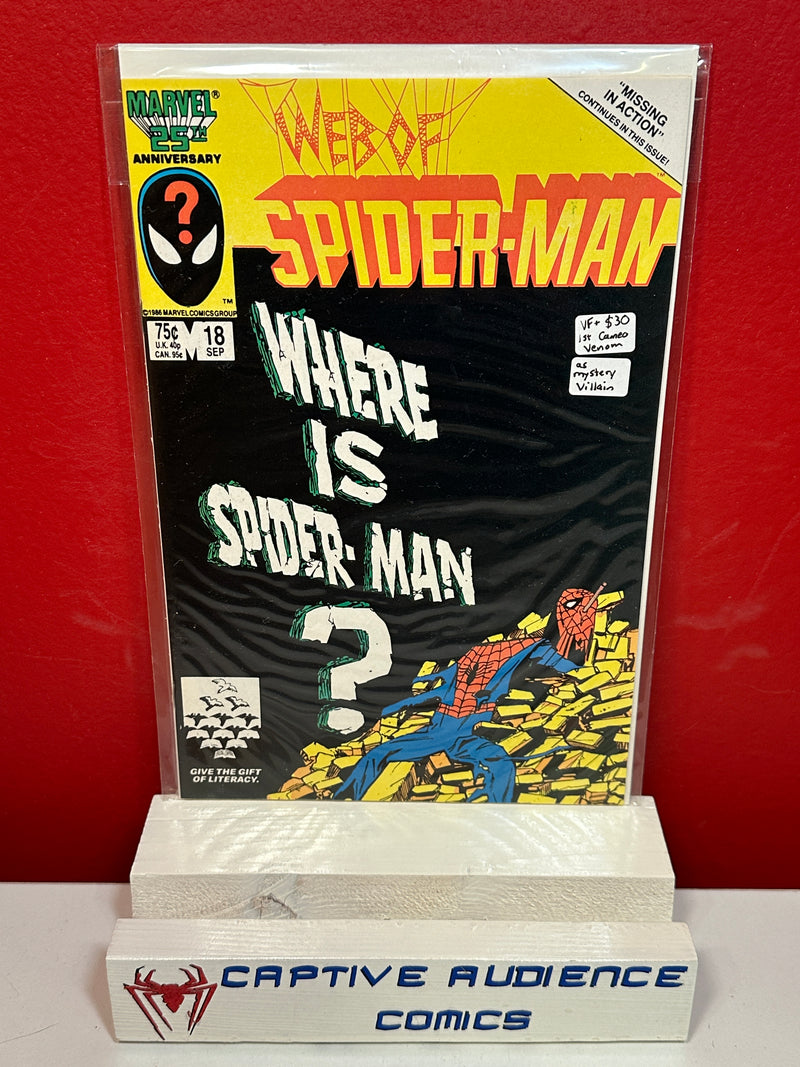 Web of Spider-Man, Vol. 1 #18 - 1st Cameo Venom as Mystery Villain - VF+