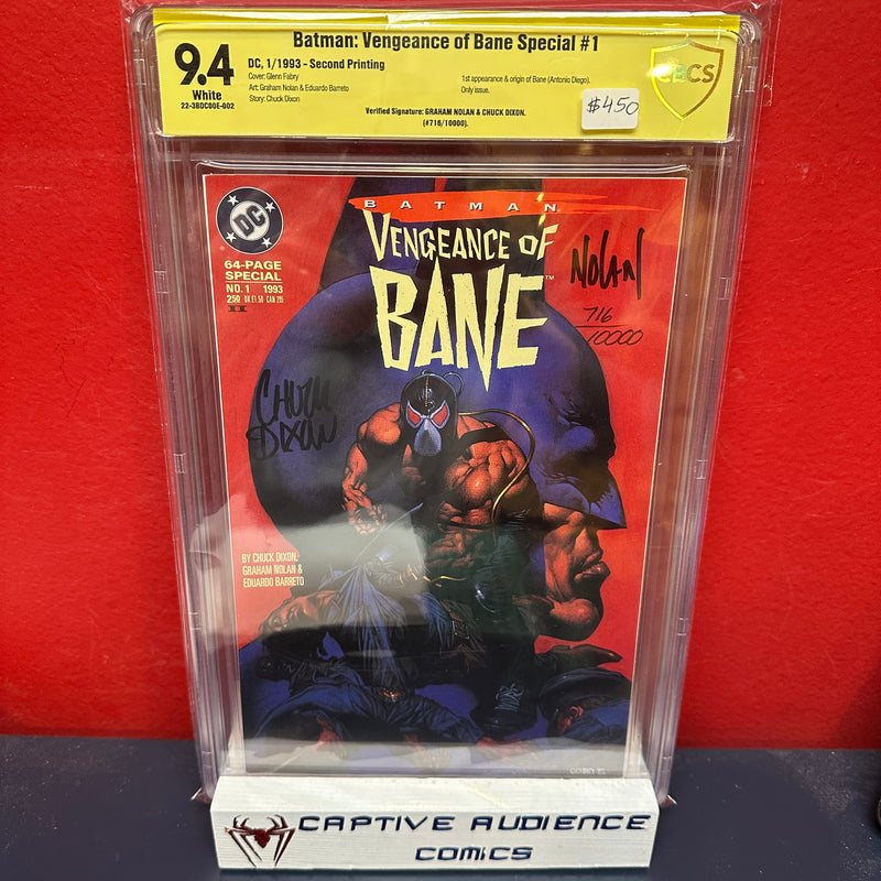 Batman: Vengeance of Bane #1 - 2nd Print Signed by Nolan & Dixon, 1st Bane - CBCS 9.4 (Not CGC)