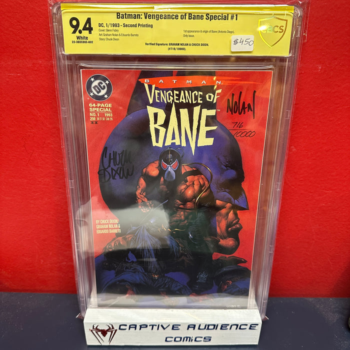 Batman: Vengeance of Bane #1 - 2nd Print Signed by Nolan & Dixon, 1st Bane - CBCS 9.4 (Not CGC)